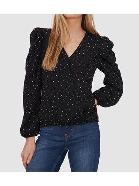 Sam and Jess Womens Surplice Polka Dot Puff Sleeves Blouse Top Black Size S NWT